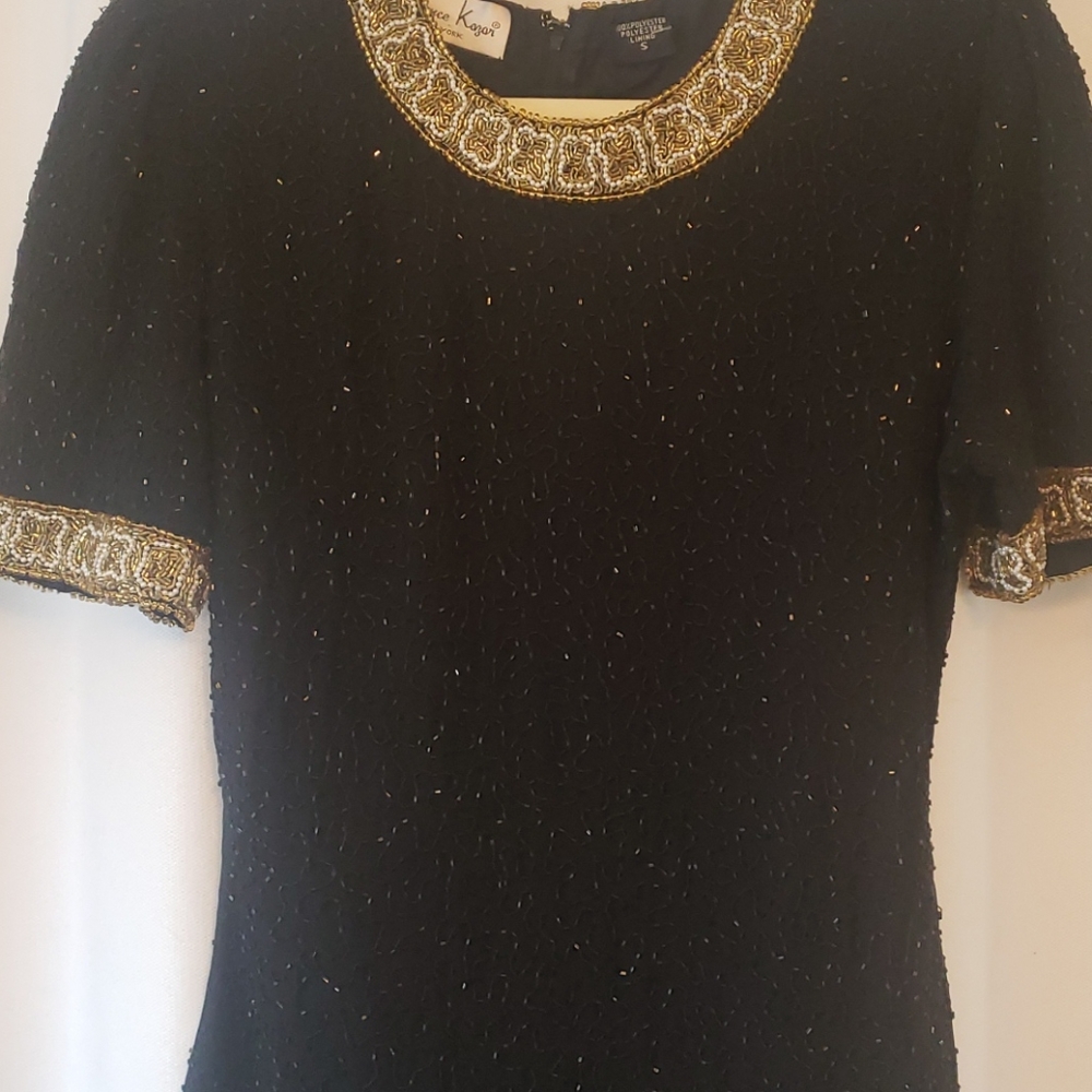 Laurence Kazar black beaded dress small gold